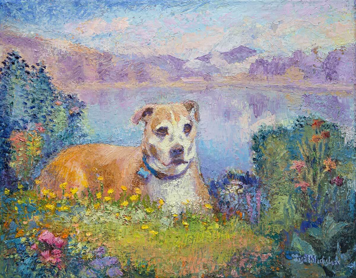 Oil painting of a dog in a garden in front of a mountain lake