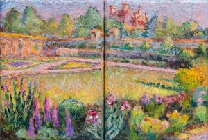 A diptych (two paintings next to each other) of the walled garden at Biltmore, Asheville NC