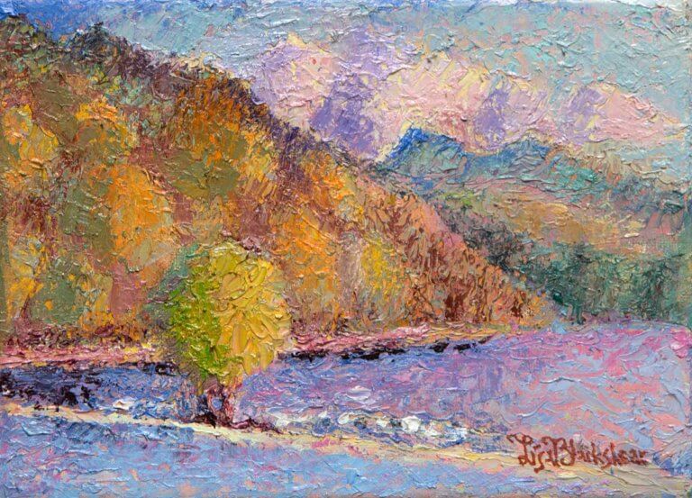 A lone tree on the dam in the French Broad River North of Asheville: oil painting by Lisa Blackshear